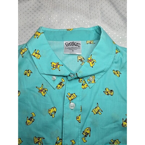 Pokemon Button Down Short Sleeve Shirt Pikachu All Over Print Blue Mens Small - Picture 3 of 6